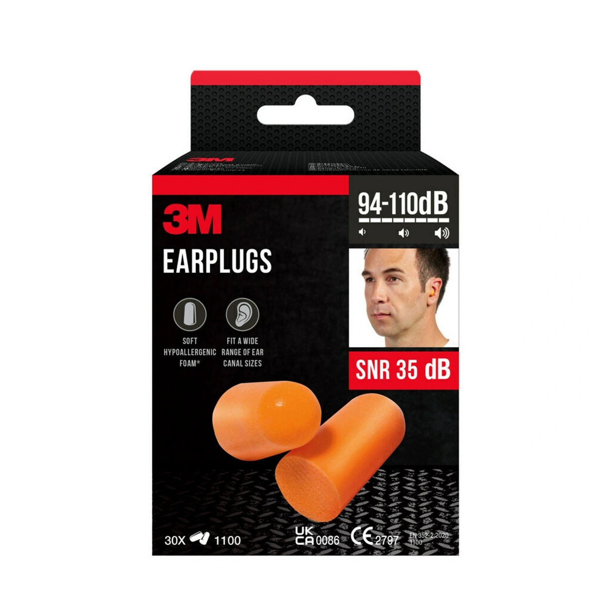 3M™ Zatyczki do uszu 1100, miękka pianka, wartość SNR 35 dB, pomarańczowe, 30 par/opakowanie
