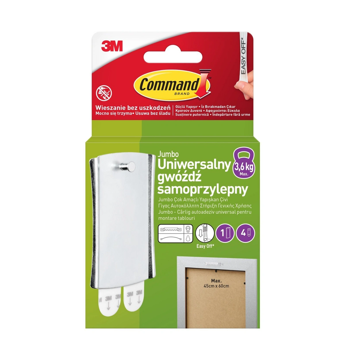 Command™ Uniwersalny gwóźdź samoprzylepny 17048-1-PTGR, bardzo duży haczyk, 1 haczyk + 4 paski duże w opakowaniu